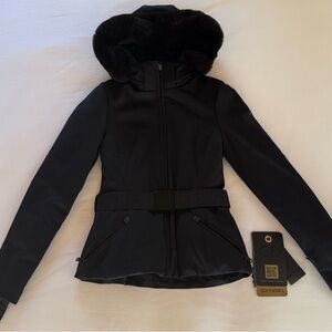 Goldbergh Hida Down Ski Jacket Black Faux Fur Hood Belted EU38 US6